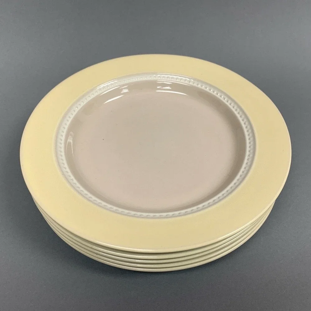 Mikasa Moon Glow Stone Craft Yellow Band Beaded Verge 8.25 Salad Plates Lot of 5